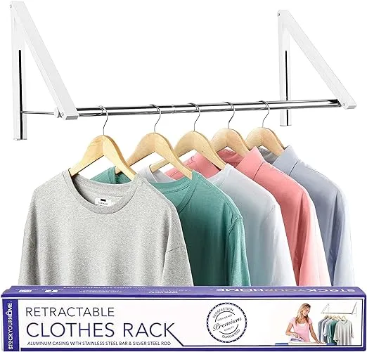 Double Foldable Clothing Rack w/ Extension Rod, Wall-Mounted Retractable Clothes Hanger for Laundry Dryer Room, Hanging Drying Rod, Small Collapsible Folding Garment Racks, Dorm Accessories (Gray)