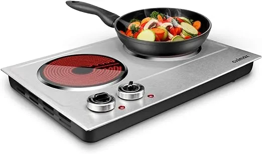 CUSIMAX Double Burner, 1800W Electric Hot Plate, Ceramic Infrared Cooktop with Dual Control, Portable Countertop Burner, Glass Plate Electric Cooktop, Stainless Steel Black-Upgraded Version