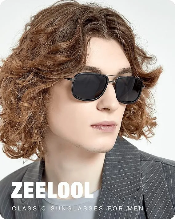 Zeelool Polarized Rectangle Sunglasses for Men UV400, Classic Metal Sun Glasses,