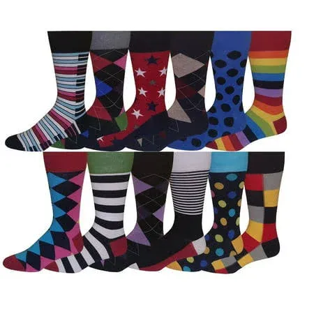 12 Pairs Men&#039;s Funky Fancy Design Colorful Premium Quality Dress socks 10-13