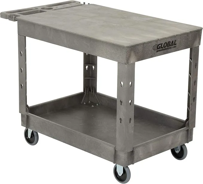 Global Industrial Plastic 2 Flat Shelf Service & Utility Cart, 44" x 25-1/2", 5" Rubber Caster