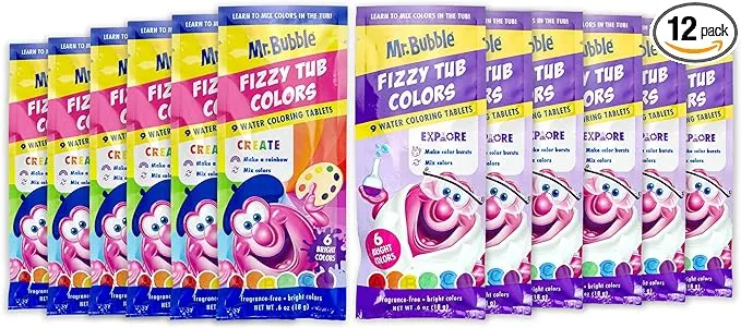 Mr. Bubble Fizzy Tub Colors Bath Water Coloring Tabelets, 6 Bright Colors, Red, Orange, Yellow, Purple, Blue and Green, Fragrance Free (12 Packets, 9 Tablets Each)