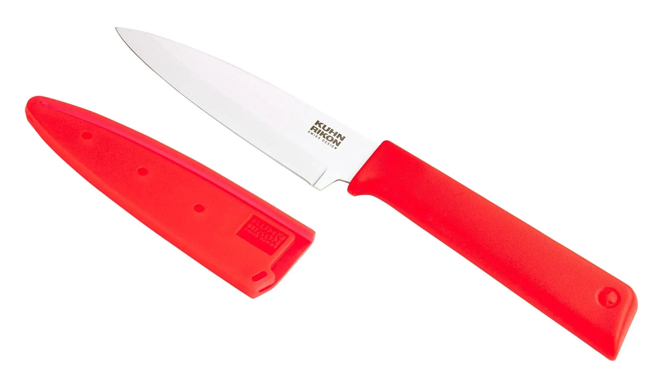 Kuhn Rikon Non-Stick Straight Paring Knife with Safety Sheath, 4 inch/10.16 cm Blade, Red