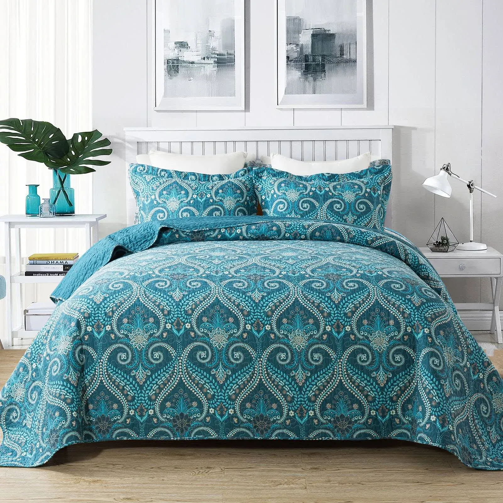 NEWLAKE Cotton Bedspread Quilt Sets-Reversible Patchwork Coverlet Set, Turquoise Classic Royal Pattern, Queen Size