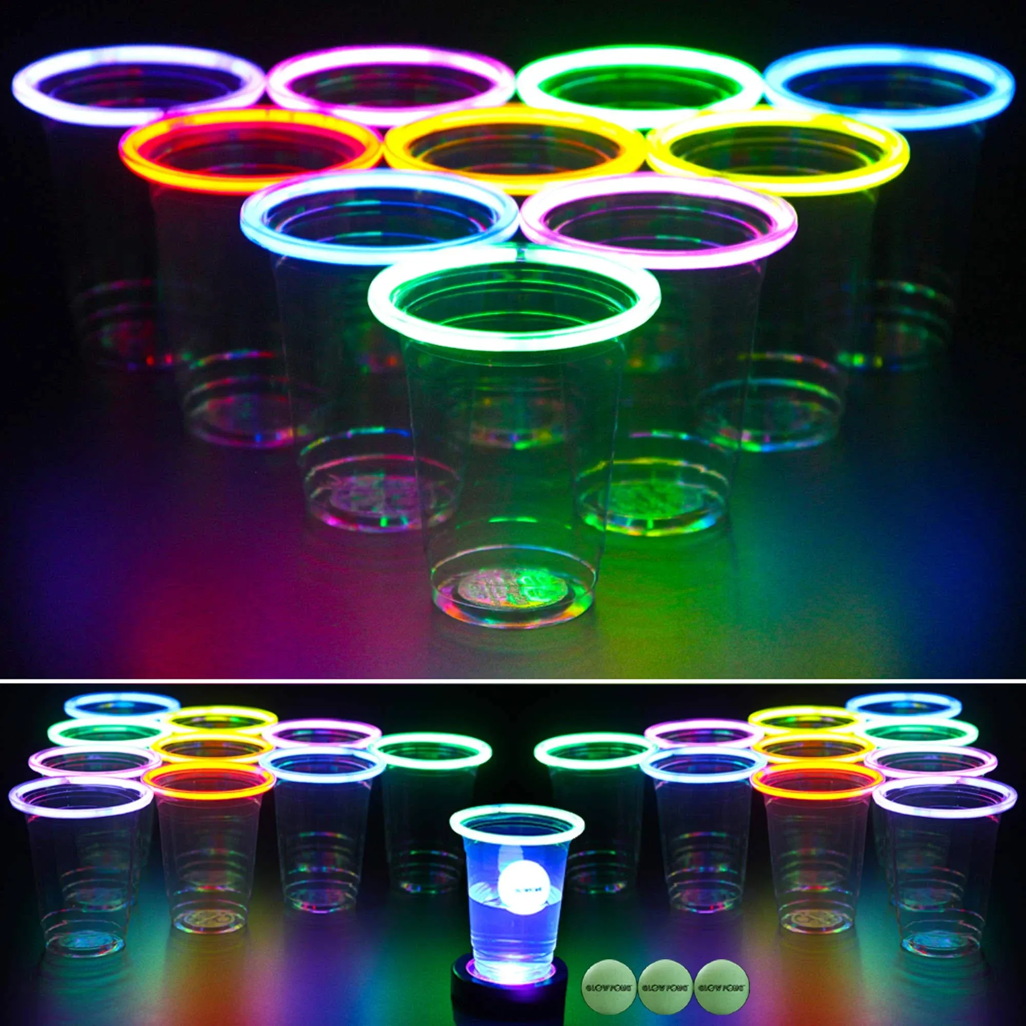 GLOWPONG All Mixed Up Glow-in-the-Dark Beer Pong Game Set for Indoor Outdoor Nighttime Competitive Fun, 24 Multi-Color Glowing Cups, 4 Glowing Balls