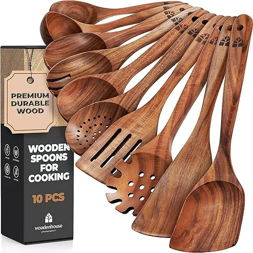 Wooden Spoons for Cooking, 10 Pcs Teak Wood Cooking Utensil Set - Wooden Kitchen Utensils for Nonstick Pans & Cookware - Sturdy, Lightweight & Heat Resistant