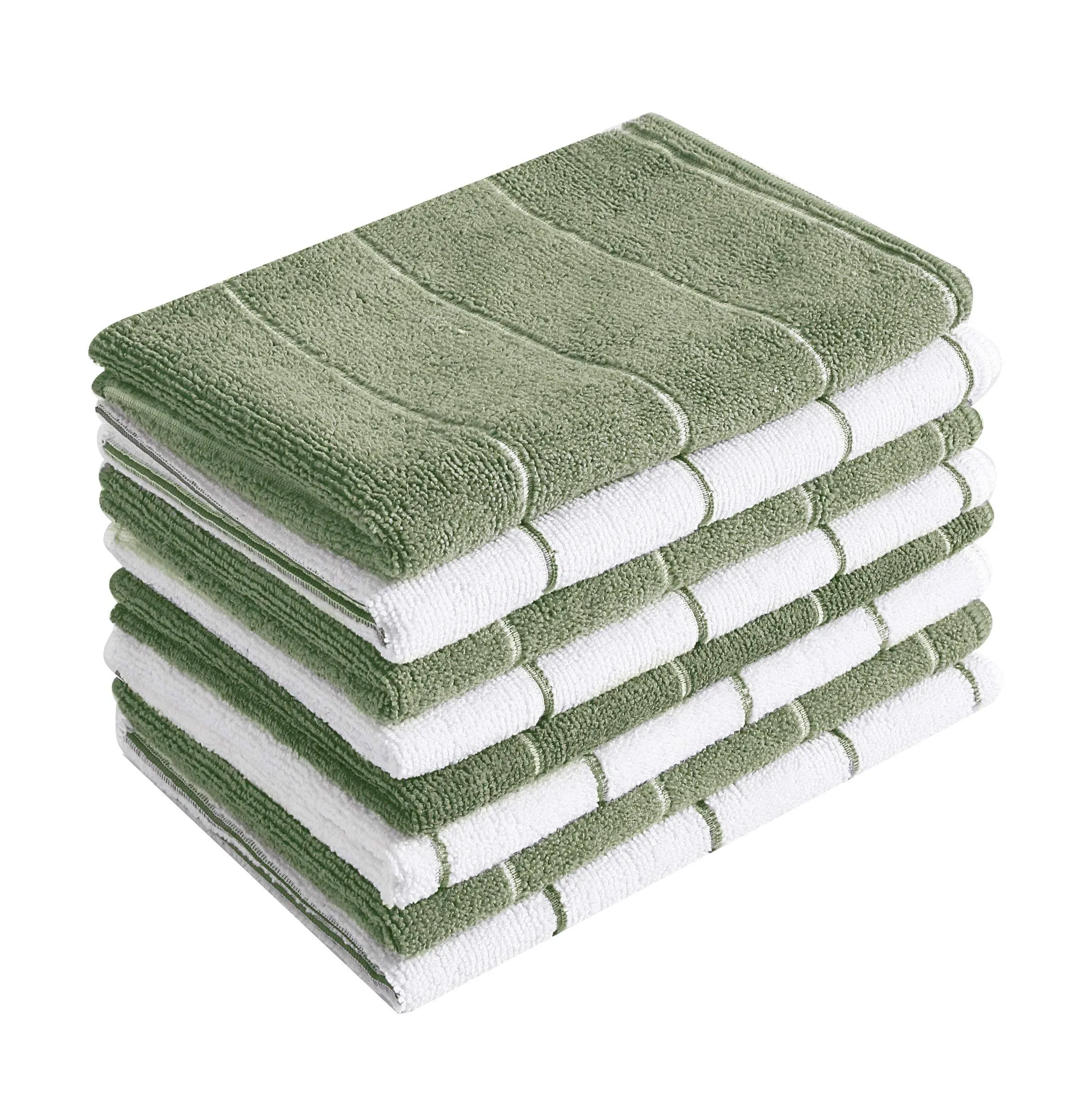 Microfiber Kitchen Towels - Super Absorbent, Soft and Solid Color Dish Towels, 8 Pack (Stripe Designed Dark Green and White Colors), 26 x 18 Inch