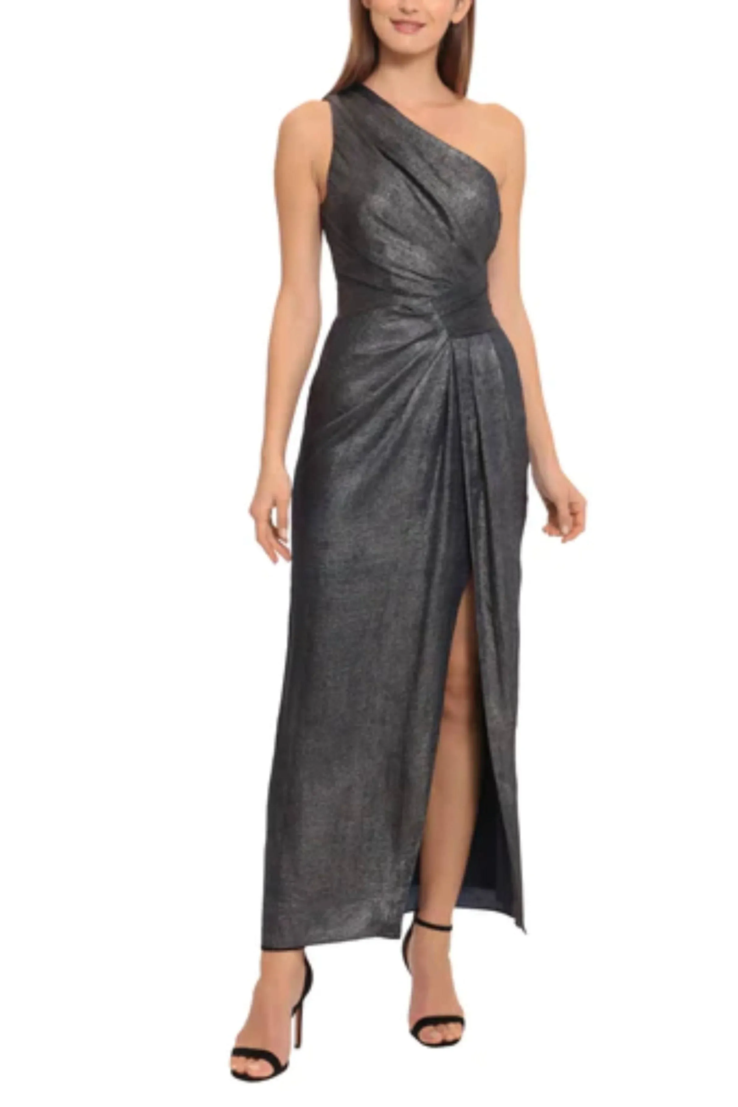 Maggy London One Shoulder Metallic Evening Dress - Navy Silver / 16