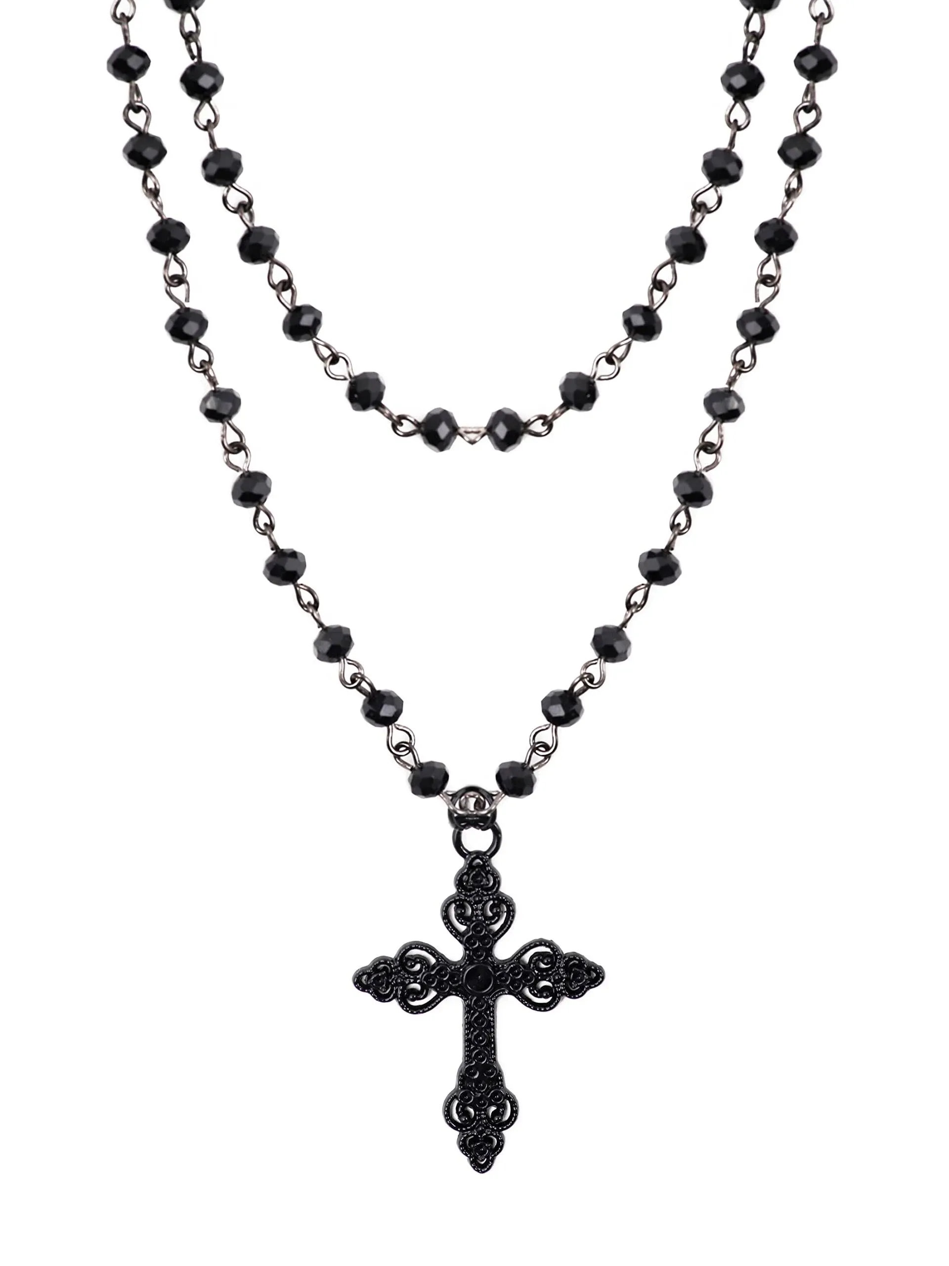 Sacina Gothic Layered Cross Necklace, Zinc Alloy Black Bead Cross Choker Necklace, Halloween Goth Jewelry Gift for Women (Layered Bead Cross)