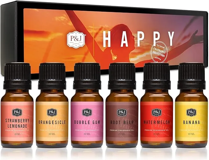 P&J Fragrance Oil Happy Set | Root Beer, Watermelon, Banana, Strawberry Lemonade, Orangesicle, Bubble Gum Candle Scents for Candle Making, Freshie Scents, Soap Making Supplies, Diffuser Oil Scents