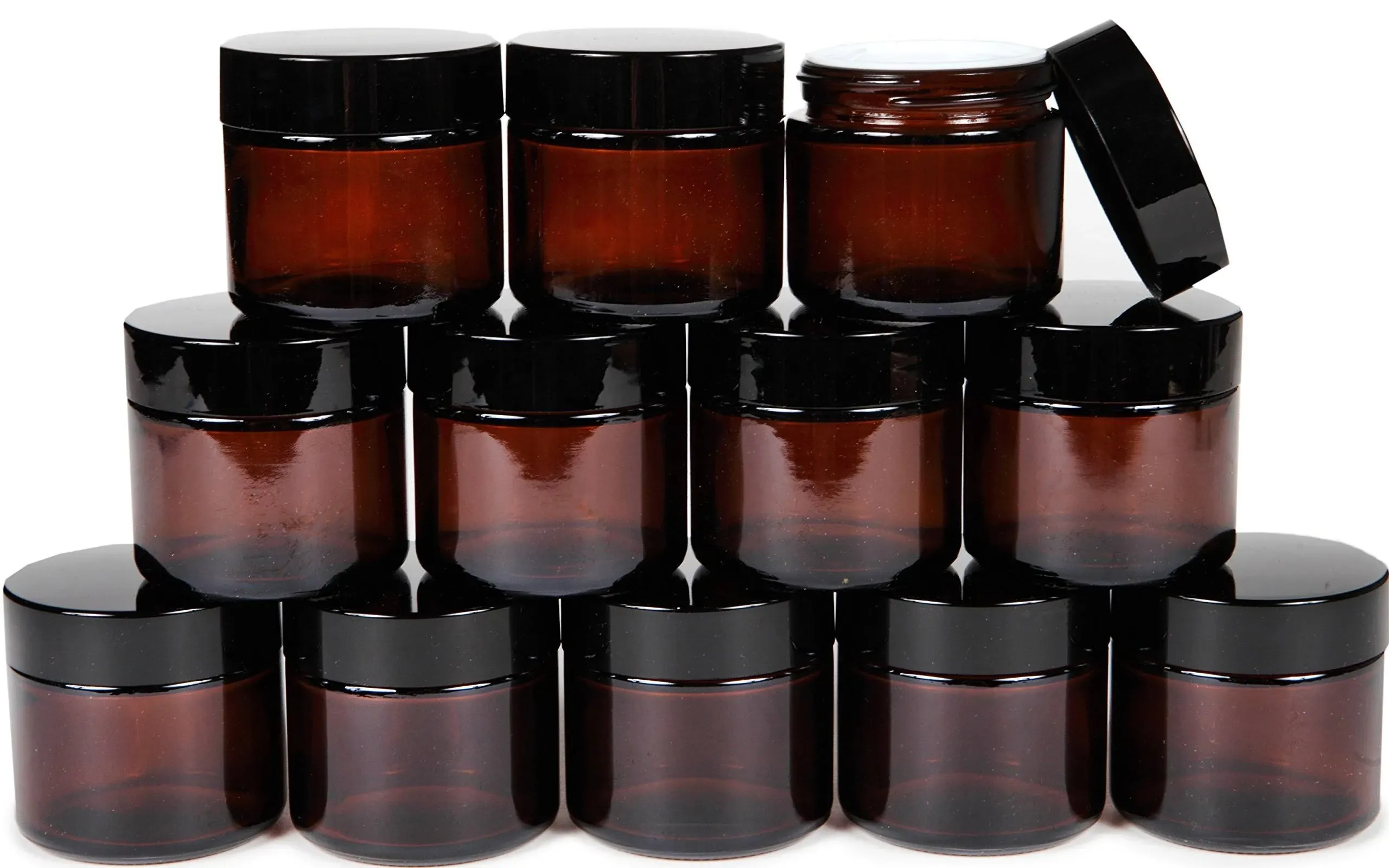 Vivaplex 12 Amber 2 oz Round Glass Jars with Inner Liners and Black Lids