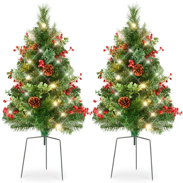 Best Choice Products Set of 2 24.5in Outdoor Pathway Christmas Trees, Battery Operated Pre-Lit Holiday Décor for Driveway, Yard, Garden w/LED Lights, Red Berries, Frosted Pine Cones, Red Ornaments