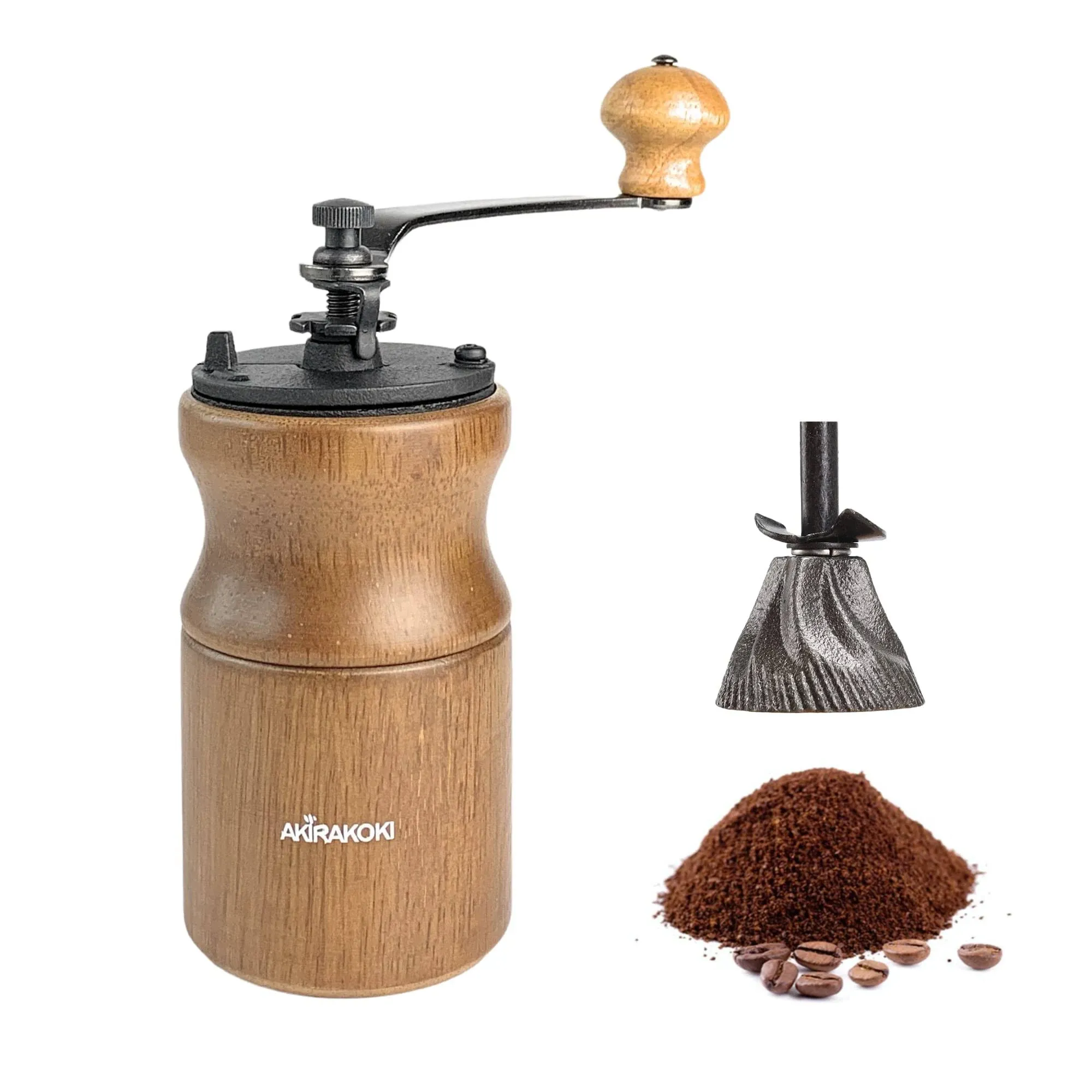 Manual Coffee Bean Grinder Wooden Mill with Cast Iron Burr Hand Crank, Portable Travel Camping Adjustable A17 Brown