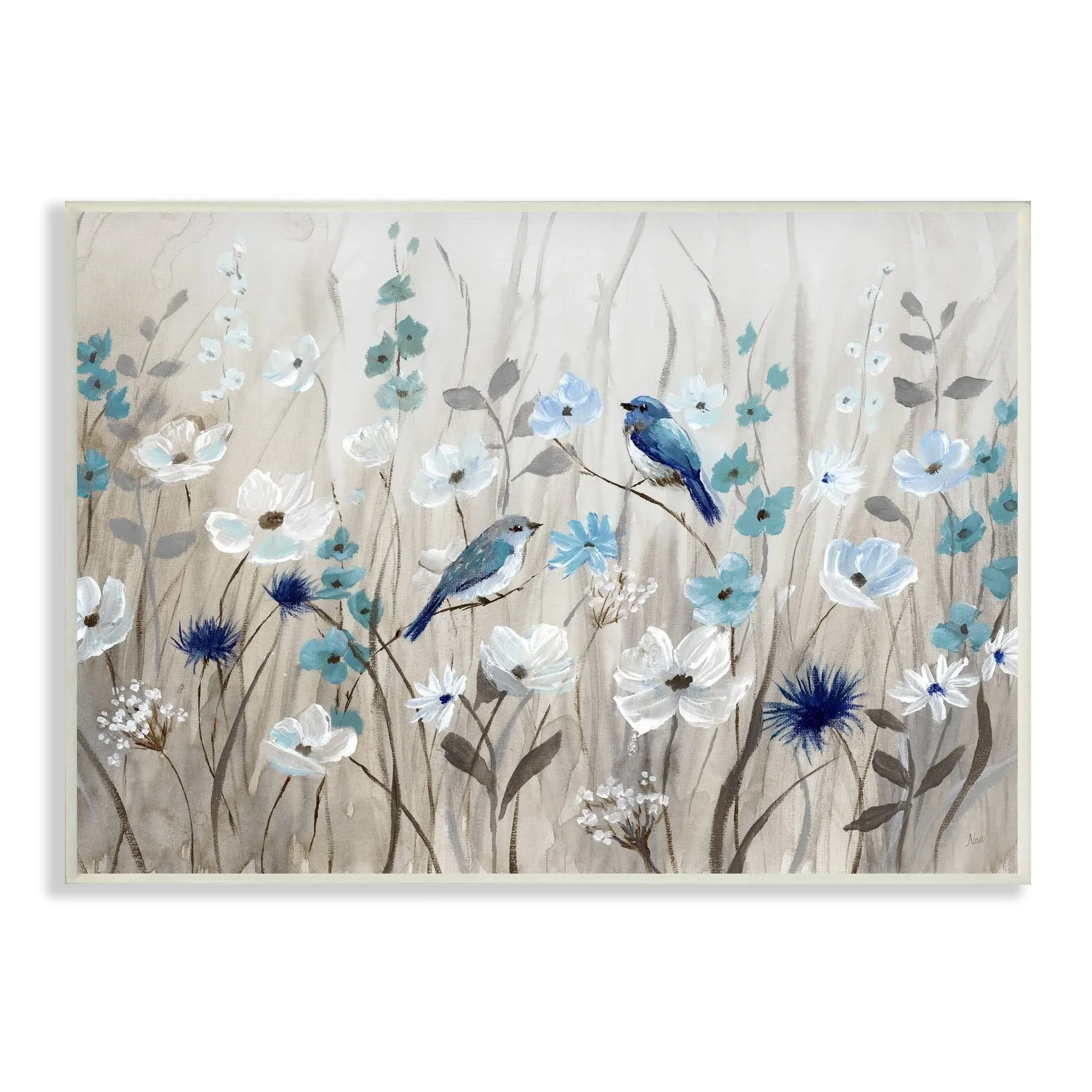 Stupell Birds Floral Meadow Blue White Blossoms Wood Wall Art - 19 X13