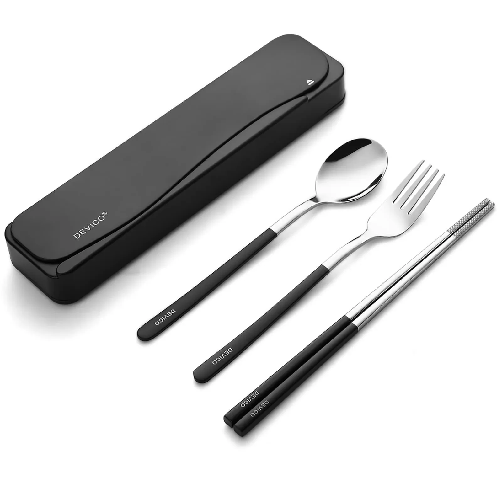 DEVICO Travel Utensils, 18/8 Stainless Steel 4pcs Cutlery Set Portable Camp Reusable Flatware Silverware, Include Fork Spoon Chopsticks with Case (Black)