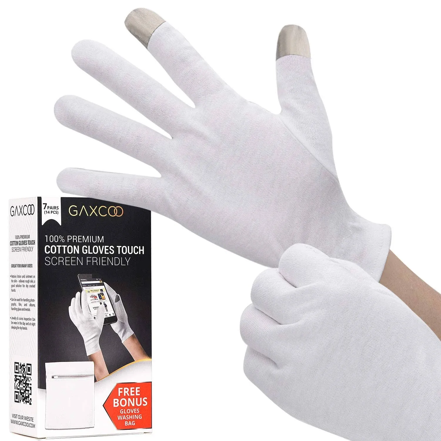 Gaxcoo Touch Screen Friendly Moisturizing Gloves for Overnight Bedtime Cotton Cosmetic Inspection Premium Cloth Quality Eczema Dry Sensitive Irritated Skin