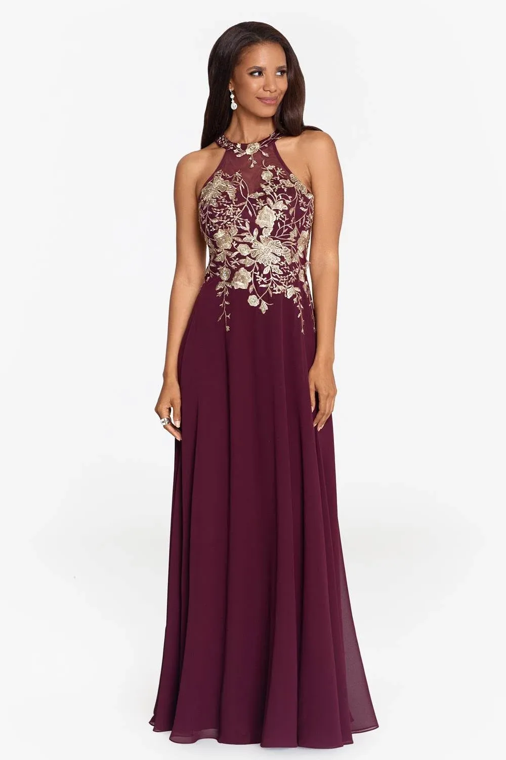 Betsy & Adam Women's Embroidered Halter Gown