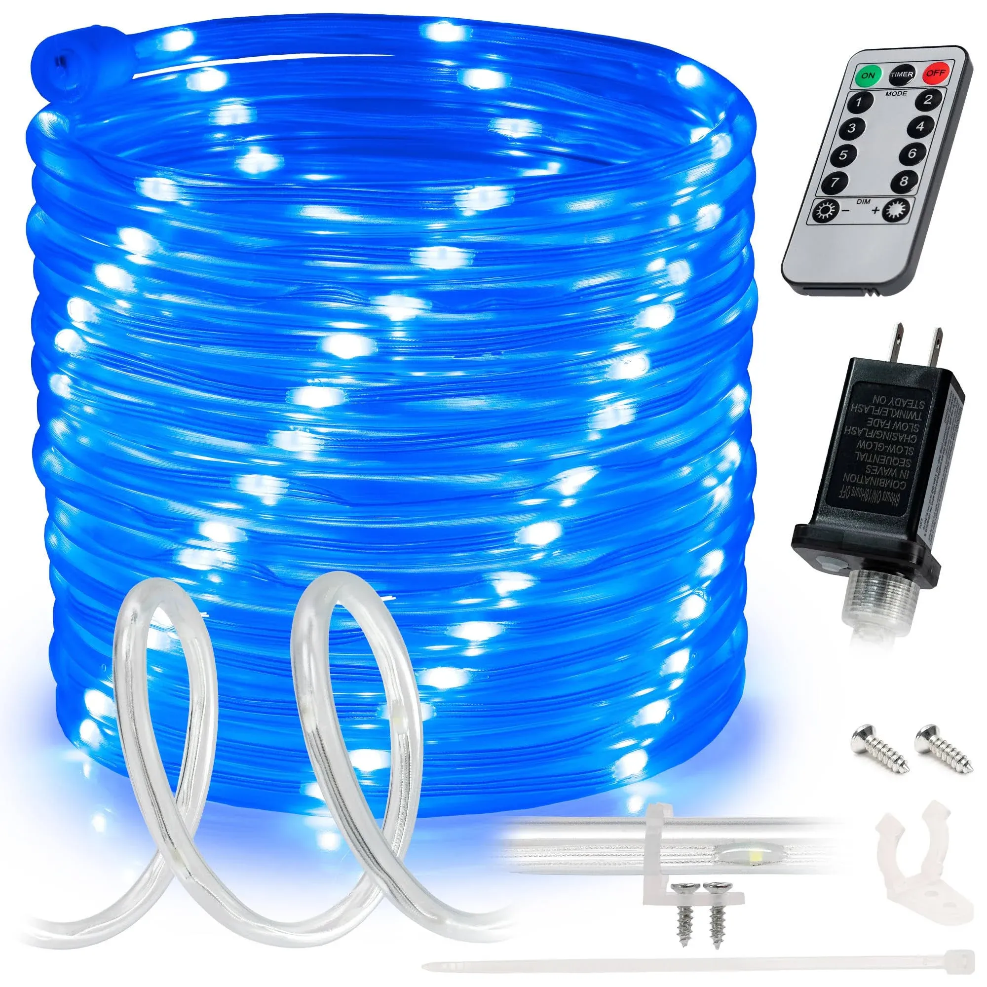 Wyzworks 50ft Blue 8-Mode LED Rope Light w/Remote Control, Outdoor Waterproof ...