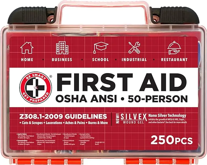 Be Smart Get Prepared First Aid Kit, 250 Piece. Exceeds OSHA ANSI Standards for Office, Home, Car, School, Emergency, Survival, Camping, Hunting, & Sports. FSA HSA