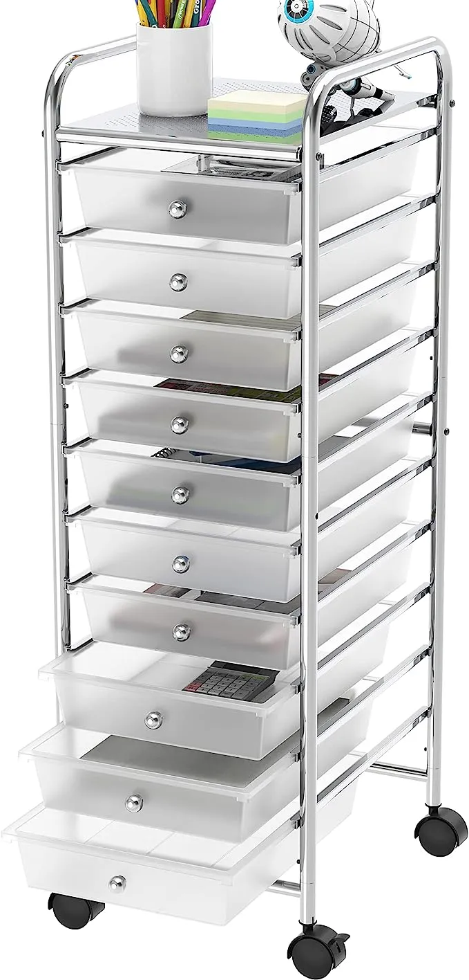 Simplehouseware Utility Cart with 10 Drawers Rolling Storage Art Craft Organizer on Wheels, Silver