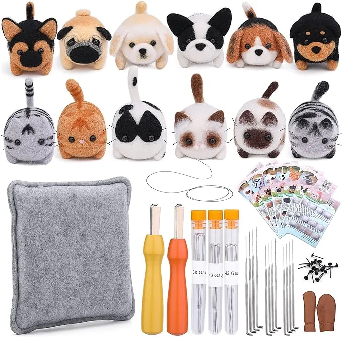 Mayboos Needle Felting Kit,12 Pieces Doll Making Wool Needle Felting Starter Kit with Instruction,Felting Foam Mat and DIY Needle Felting Supply for DIY Craft Animal Home Decoration Birthday Gift