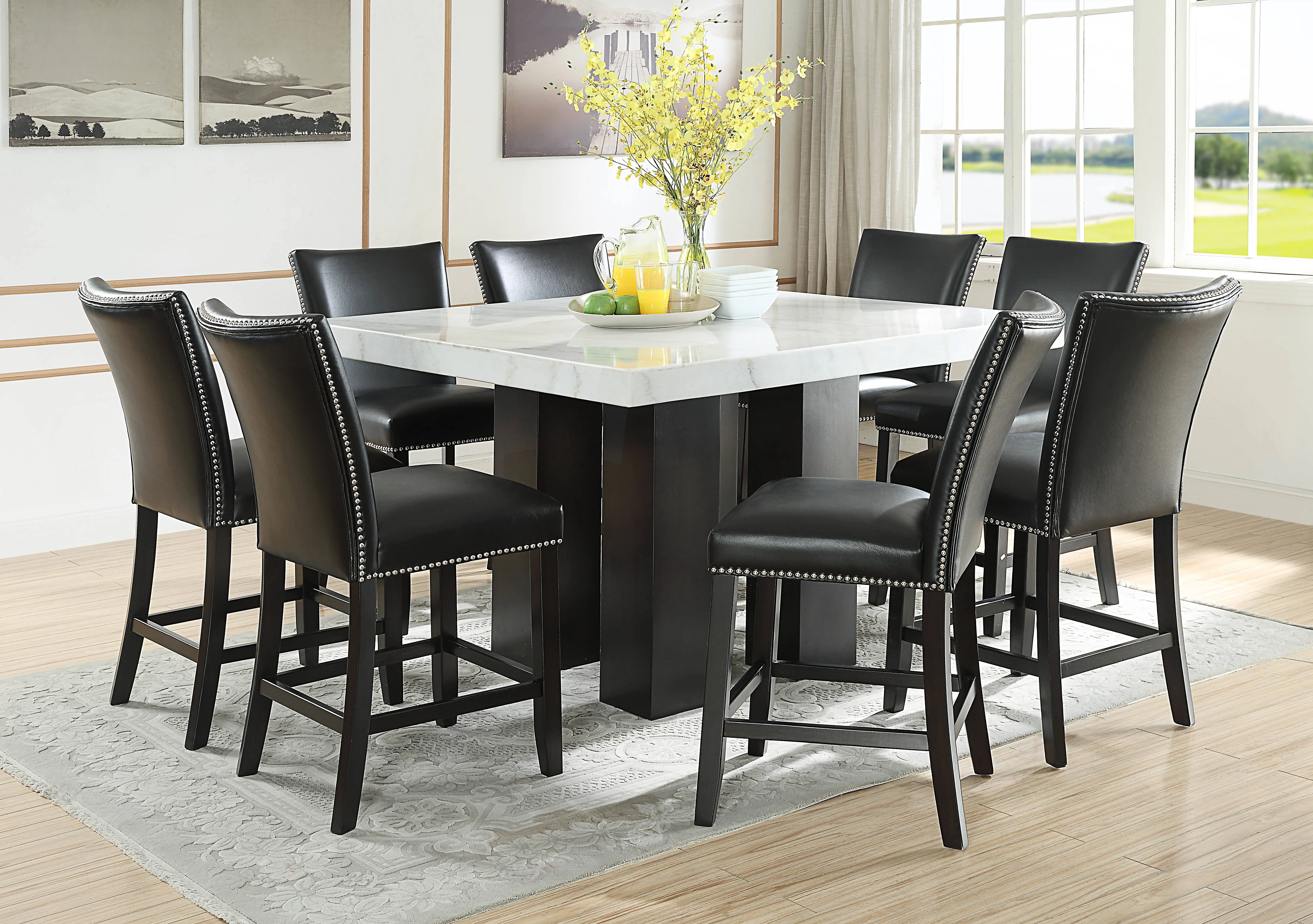 Steve Silver Company Camila 9-Piece Modern Square Marble Top Counter Height Dining Set with 4 Wide Espresso Legs, Vinyl Upholstered Chairs, Comfortable Footrest, in White & Black Finish