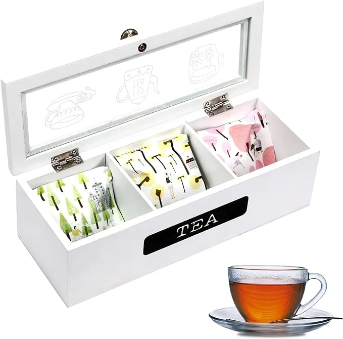 Tea Bag Organizer,Whit<wbr/>e Wood 3 Compartment Organizer,Tea Holder... 