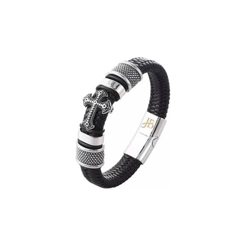 Mens Black Layered Leather Bracelet Cross Magnetic Clasp Wristband 21 cm Fashion