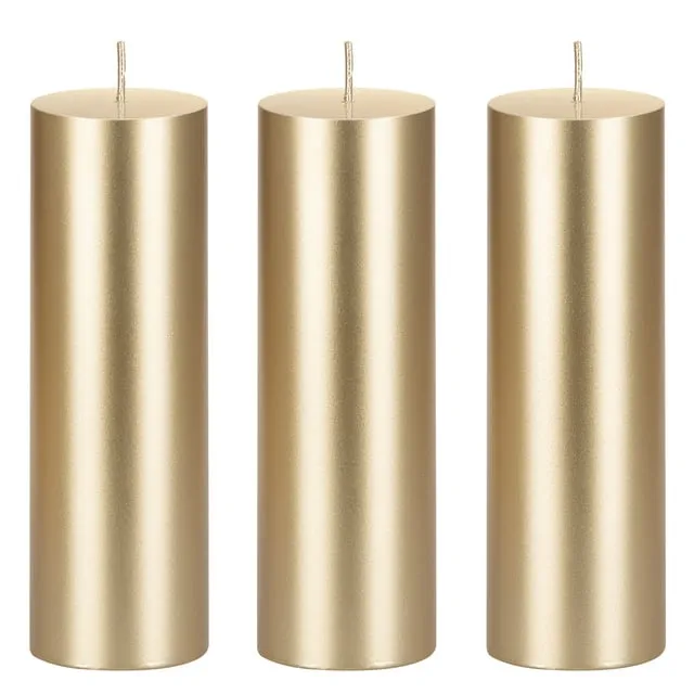 Mega Candles 3 Pcs Unscented Gold Round Pillar Candle