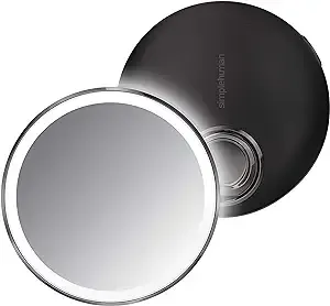 simplehuman ST3030 10cm Sensor Mirror Compact, Light Up Makeup Magnifying Mirror, 3X Magnification, Tru-Lux Light System, Ring Handle, Two Brightness Settings, Rechargeable, Black Stainless Steel