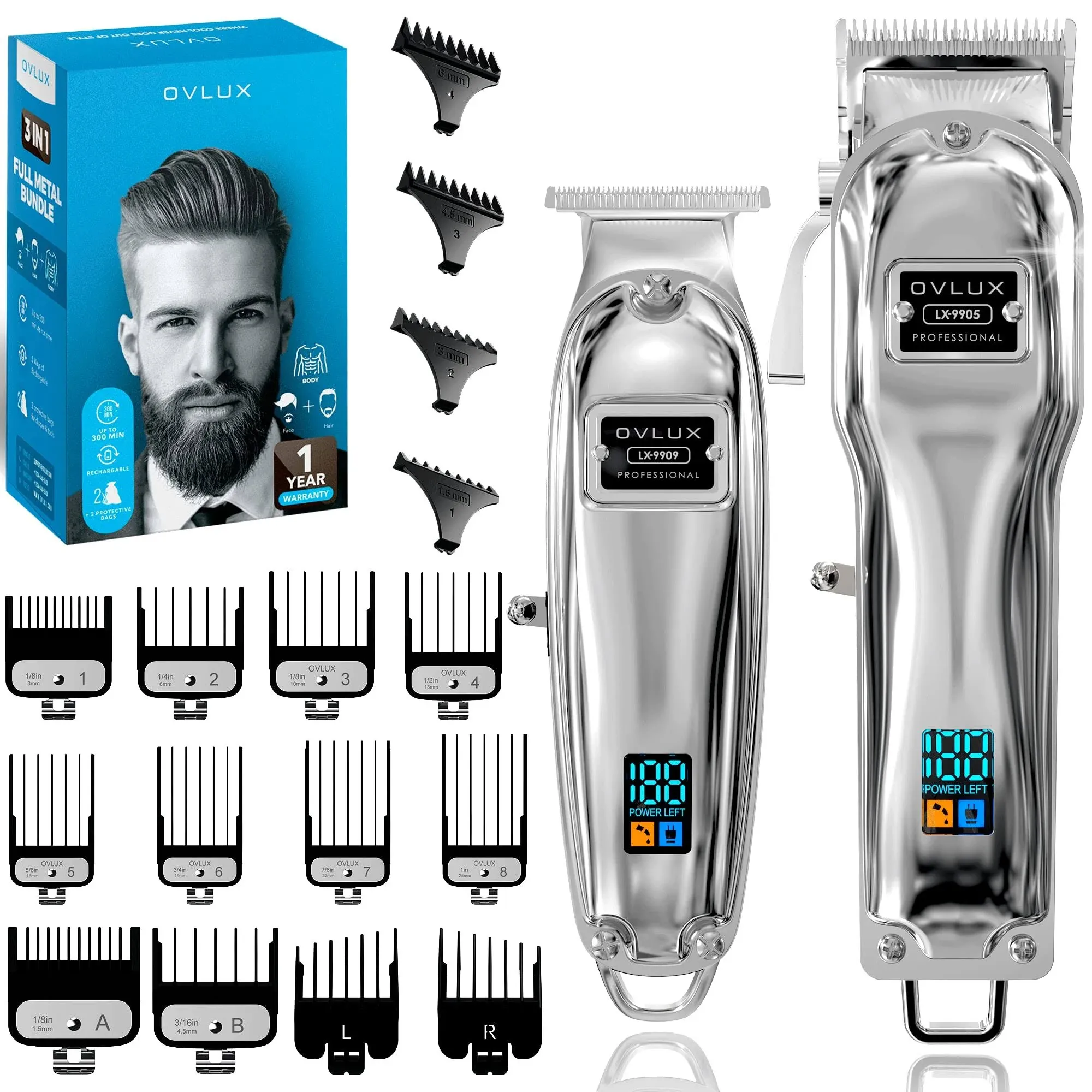 Full Metal Cordless Hair Clippers and Trimmer professional set for Men - Rech...