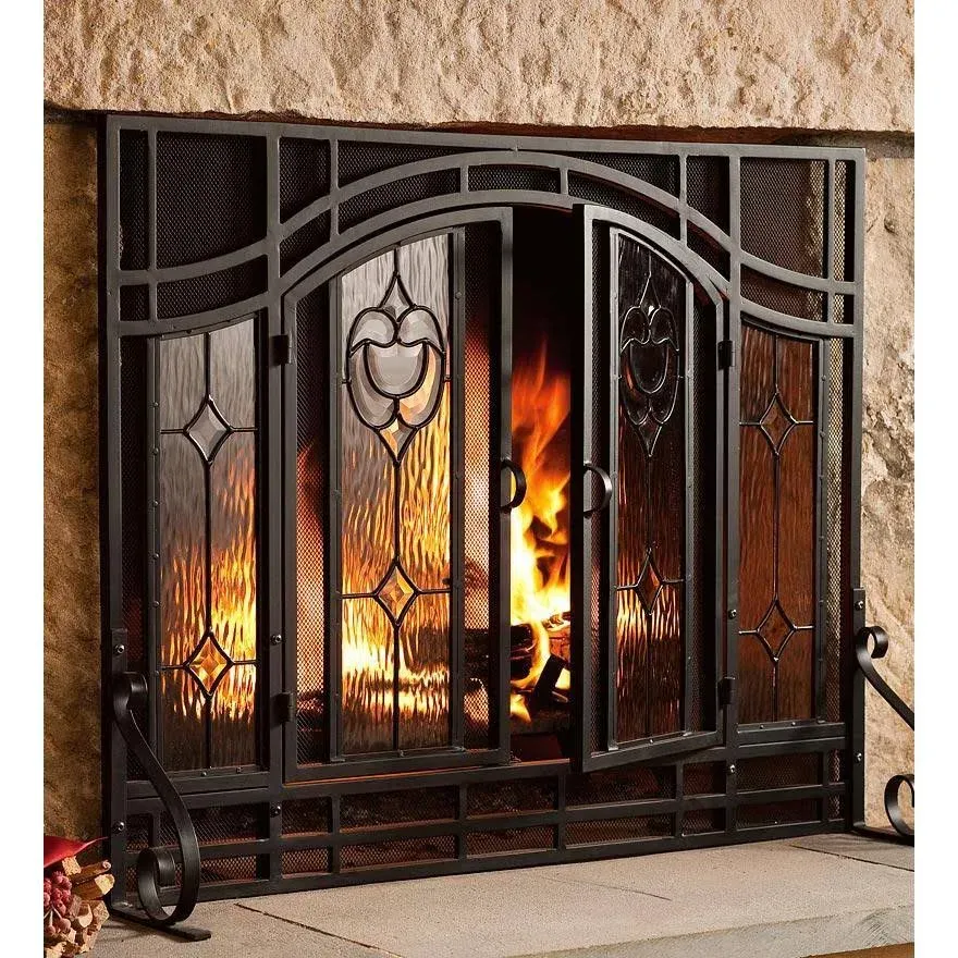 Small Two-Door Fireplace Screen with Glass Floral Panels - Black