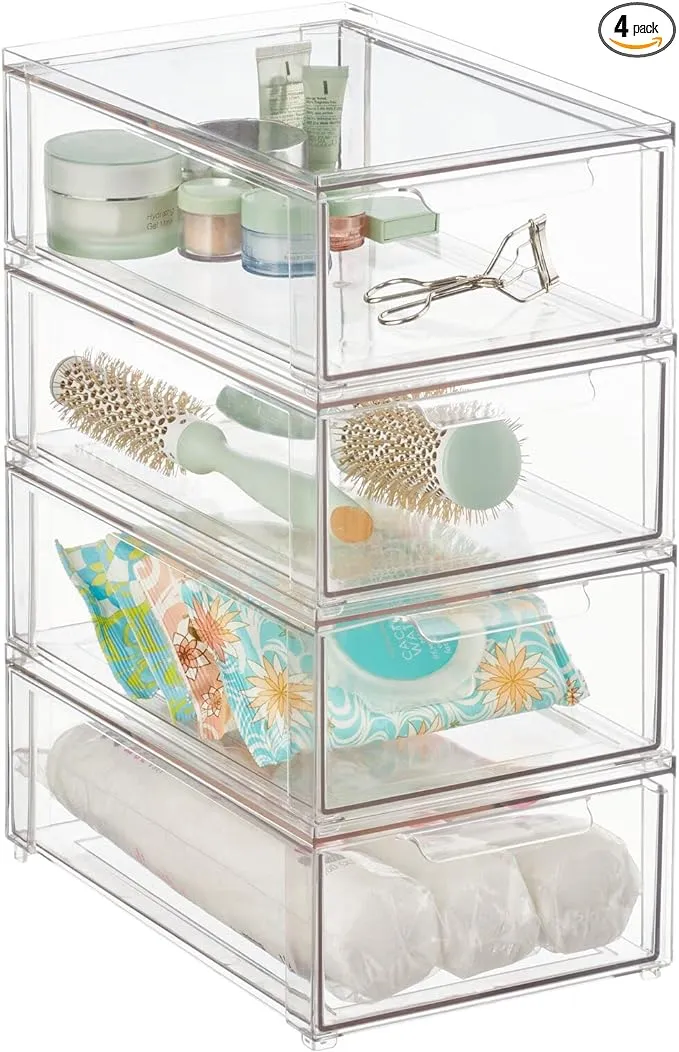 mDesign Plastic Stackable Bathroom Storage Organizer Bin Containers with Front Pull Drawer for Bathroom Countertop, Vanity, Closet Shelves - Holder for Beauty Accessories - Lumiere Collection - Clear