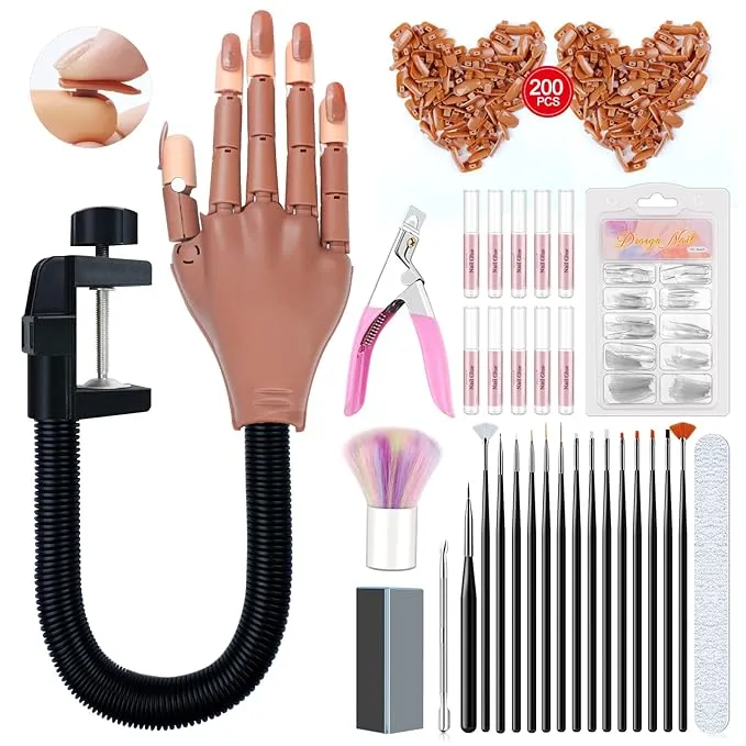 Saviland Practice Hand for Acrylic Nails, Flexible Moveable Fake Hands, Manicure Trainng Hand Nail Kit for Beginners, Movable Nail Maniquin Hand with 200PCS Nail Tips, Nail Glues, Brush and Clipper