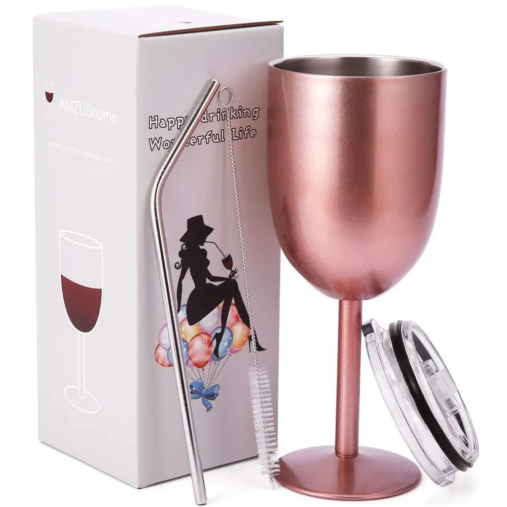 AMZUShome Stainless Steel Wine Glasses Cups.Double Walled Vacuum Insulated Wine Tumbler With Lid and Straw.Friendship,Christmas,Birthday Gifts for Women Men Friends Dad Mom(10oz Rose Gold)