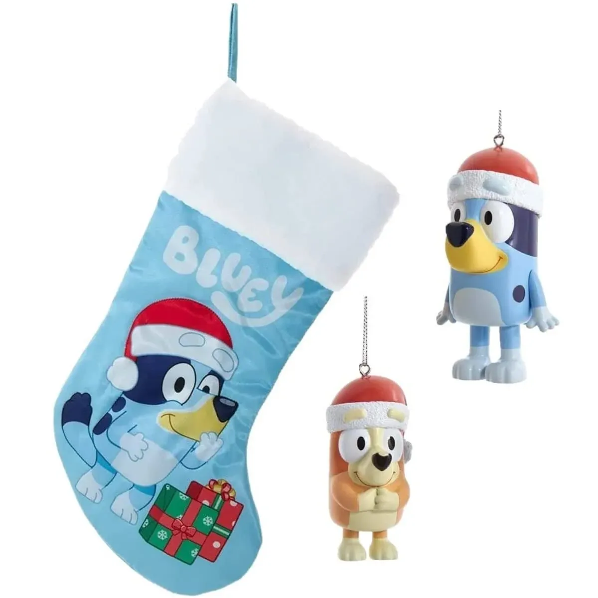 Kurt Adler Bluey & Bingo Christmas Ornaments and Stocking Set of 3