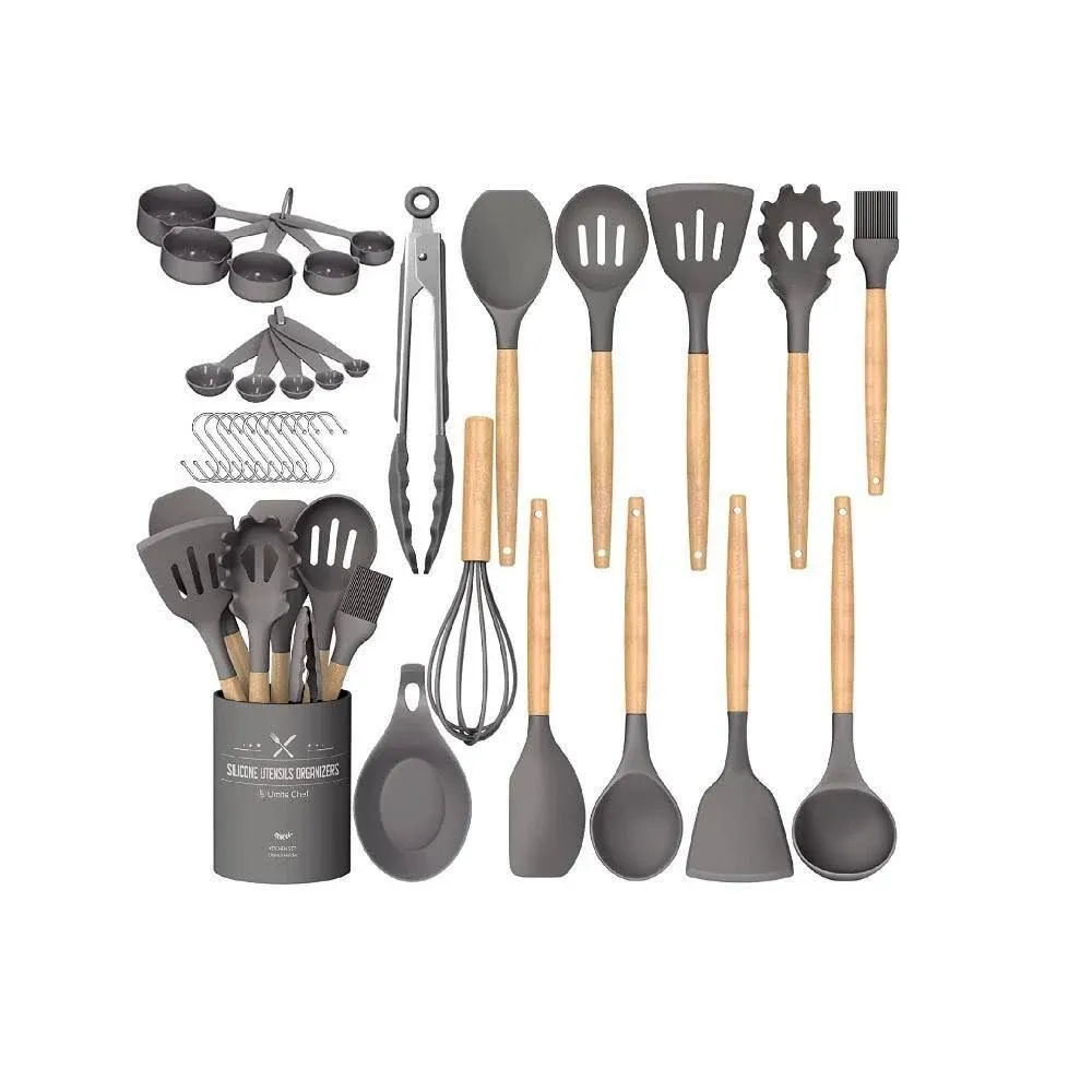 Aoibox 33-Piece Silicon Cooking Utensils Set with Wooden Handles and Holder for ...