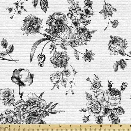 Ambesonne Black and White Fabric by The Yard, Vintage Floral Pattern Victorian Classic Royal Inspired New Modern Art, Decorative Fabric for Upholstery and Home Accents, 1 Yard, Black and White