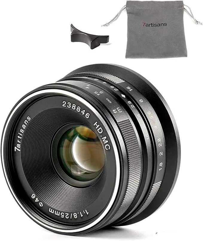 7artisans 25mm F1.8 Manual Focus Lens for Fujifilm Fuji Cameras X-A1 X-A10 X-A2 X-A3 X-at X-M1 XM2 X-T1 X-T10 X-T2 X-T20 X-Pro1 X-Pro2 X-E1 X-E2 X-E2s - Black