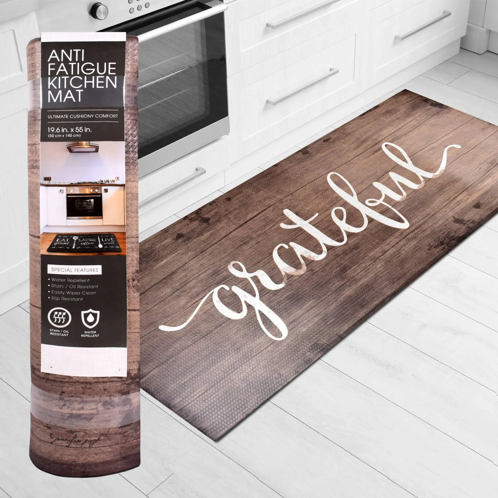 J&V TEXTILES Anti Fatigue Kitchen Runner Mat- 20" x 55" Oversized Long Non Slip PVC Rubber Kitchen Area Rug- Cushioned Comfort Mat With Foam Backing For Office Standing Desk Or Laundry Room [Grateful]