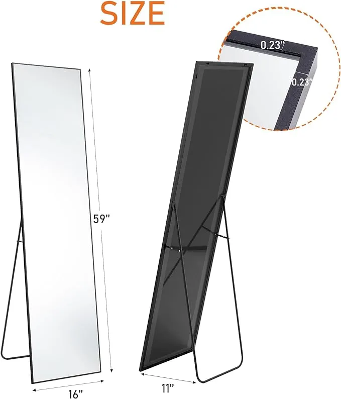 Sweetcrispy Full Length Mirror 59"x16" Full Body Floor Standing Mirror Hanging or Leaning Against Wall, Tall Wall Mirror with Stand Aluminum Alloy Frame for Bedroom Cloakroom, Black