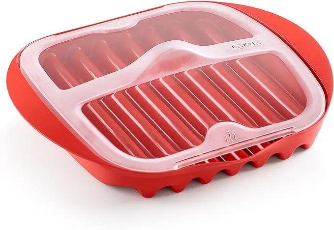 Lekue Microwave Bacon Maker/Cooker with Lid, Red, 11.02" L x 9.8" W x 2.3" H