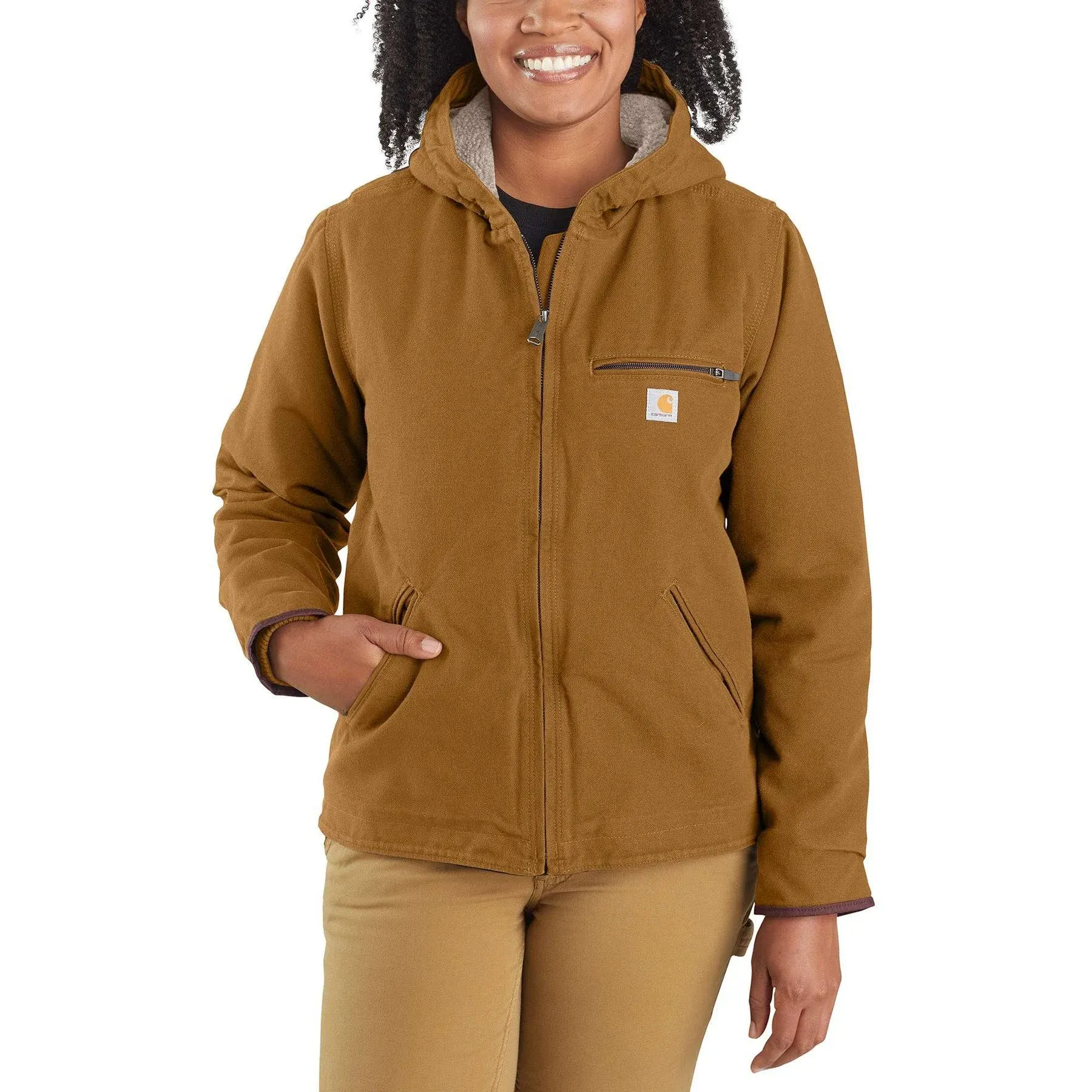 Carhartt Women's Loose Fit Washed Duck Sherpa Lined Jacket, Brown