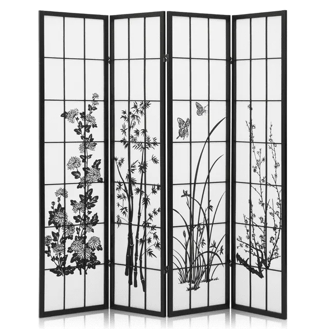 Oriental Room Divider Curtains Hardwood Shoji Panels Screen 3 Panel Small Flowered-Black