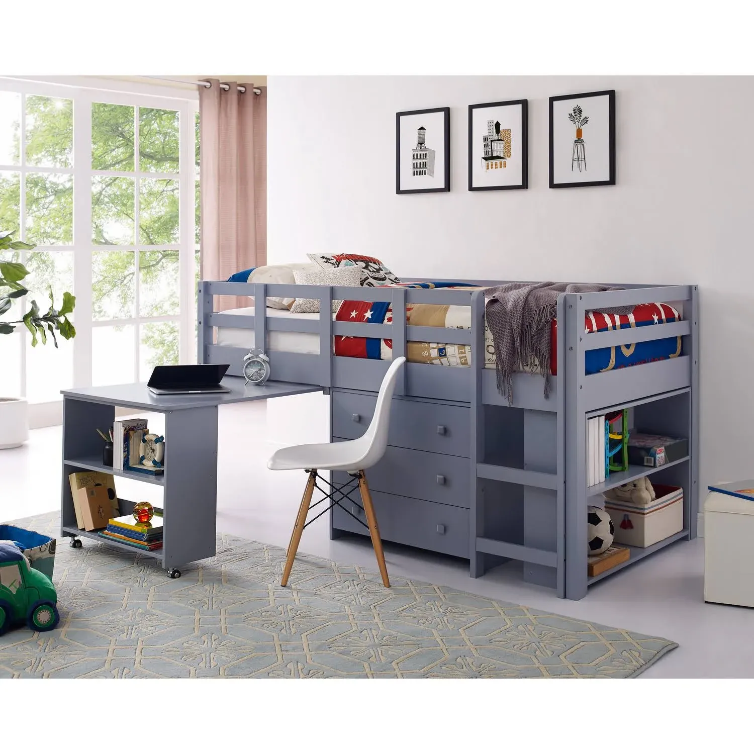 Low Study Loft Bed with Desk by Naomi Home-Color:Gray,Size:Twin