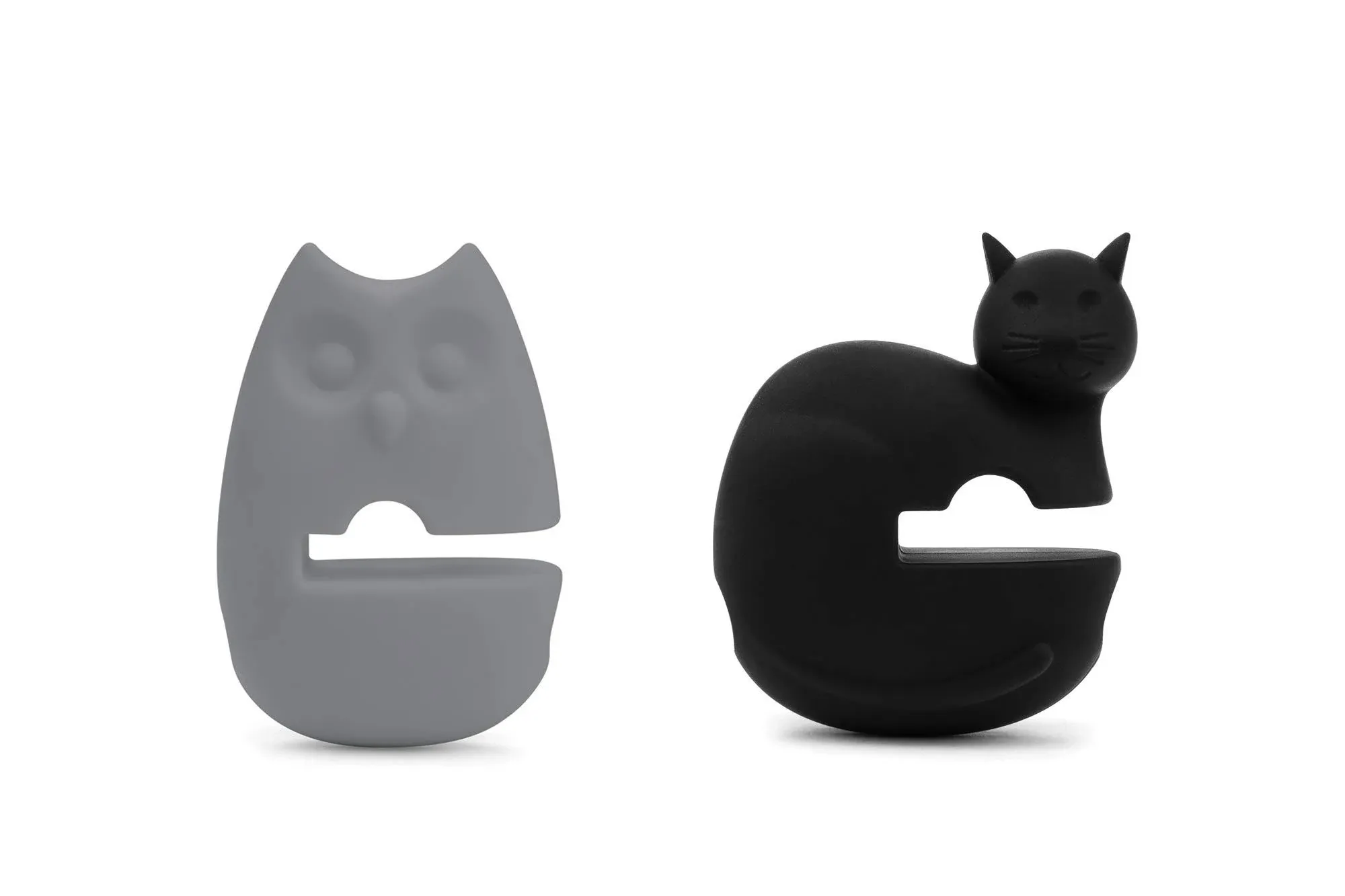 Fox Run Cat and Owl Silicone Pot Clip Spoon Rest, Set of 2, Black