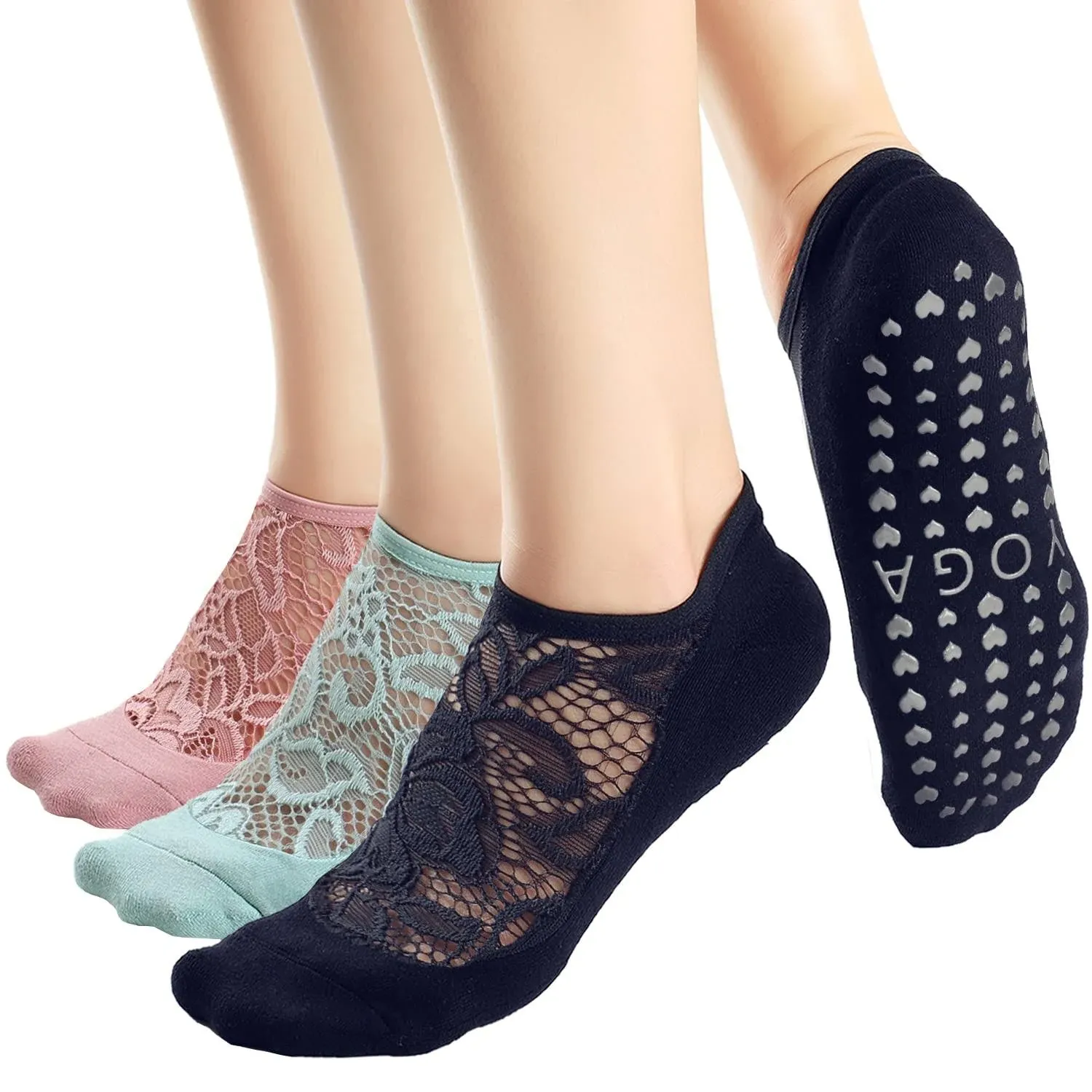 BIVOLU Non Slip Yoga Socks for Women Pilates,Barre,Workout,Dance Mesh Lace Anti-Skid Socks 3 Pack