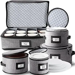 Fine China Storage Containers Hard Shell – 5 Piece Dish Storage Containers, Quilted and Stackable Mug Storage and Plate Storage Containers, Dish Organizer with Dividers for Moving and Seasonal Storage