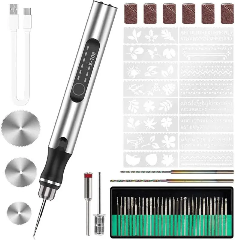 TOBTOS Electric Engraving Pen Kit with 35 Bits, USB Rechargable Etching Engraver Tool with 16 Stencils, DIY Cordless Engraving Machine for Jewelry Metal Glass Wood Stone