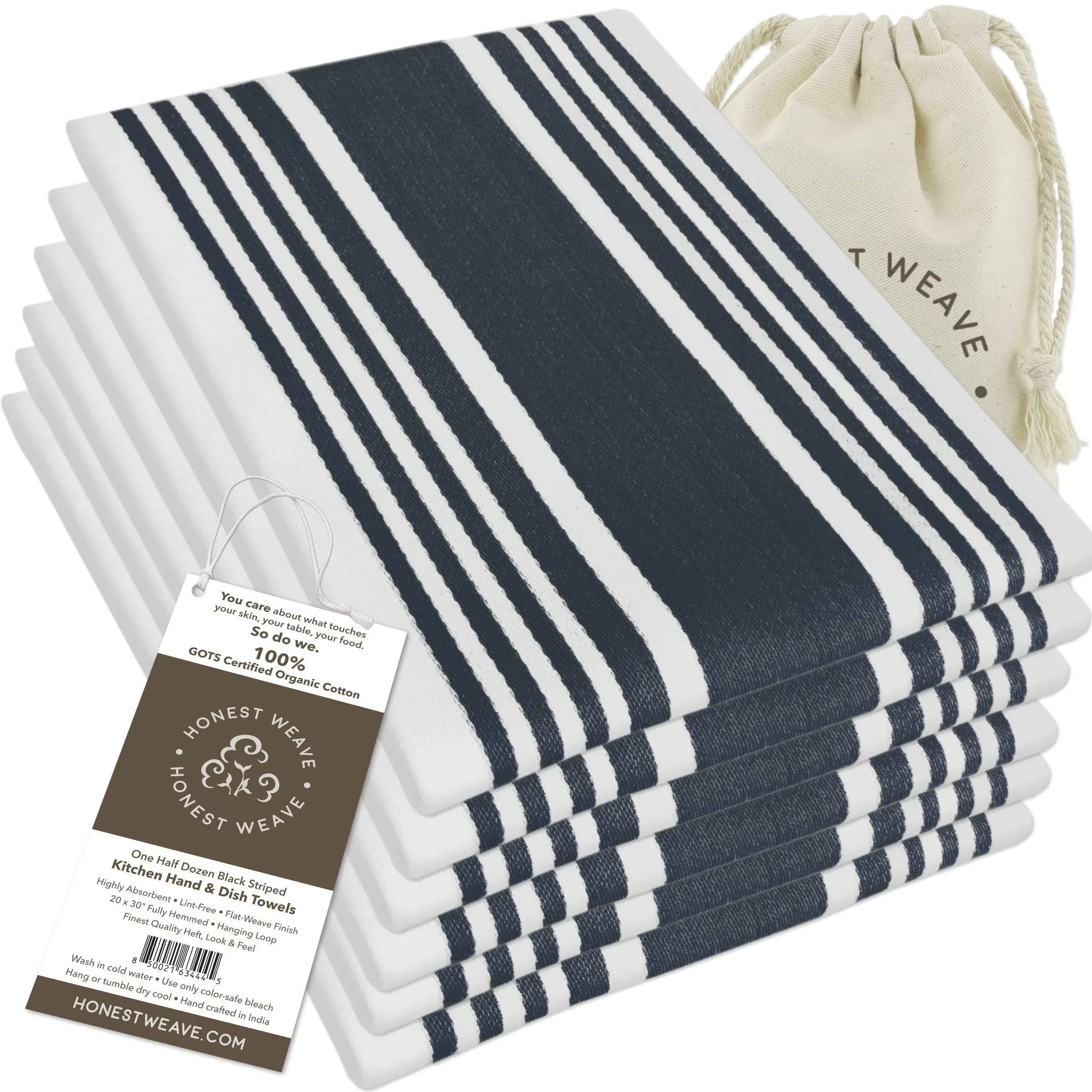 Honest Weave Gots Organic Cotton Kitchen Hand &amp; Dish Towel Set Black 6 Pack